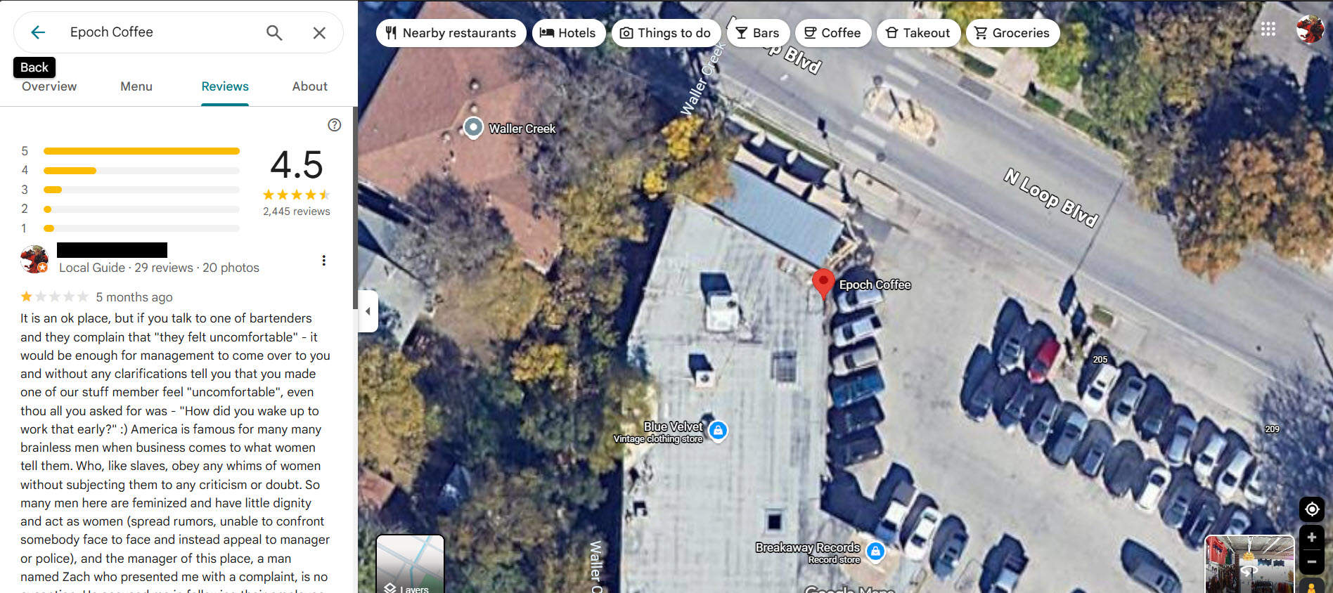 Screenshot of google review I left for EpochCoffee.