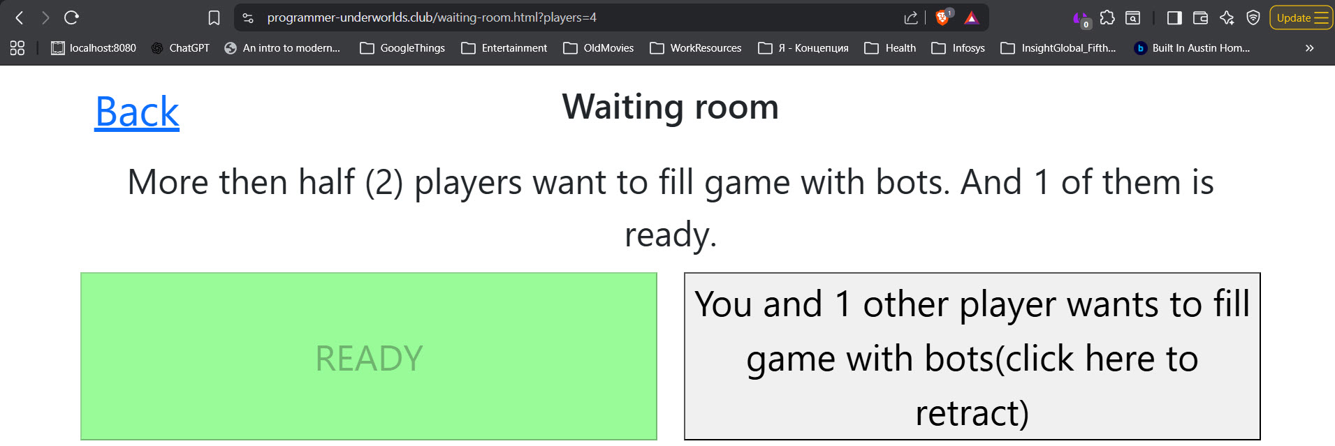 Screenshot of 'waiting room' page when more then half players voted to fill game with bots and one of players clicked 'READY' button.